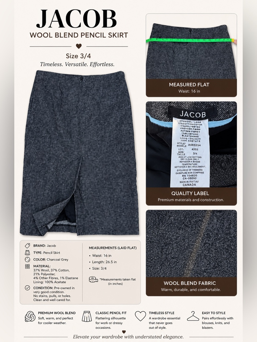 Jacob Charcoal Grey Wool-Blend Pencil Skirt